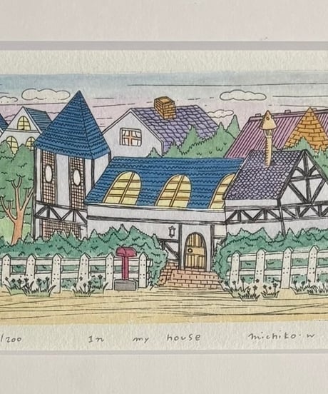 michiko.w 「In my house」 和田美智子作 風景 油彩 額装 額 壁掛 絵画 色絵 雑貨 インテリア アンティーク コレクション