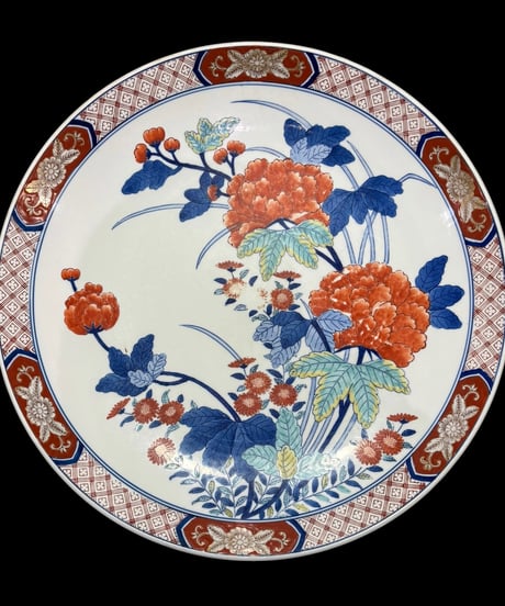 有田焼 哲山作 色絵 染錦 芙蓉文図 絵皿 大皿 取り皿 飾り皿 伊万里 陶器 作家物 骨董品 アンティーク