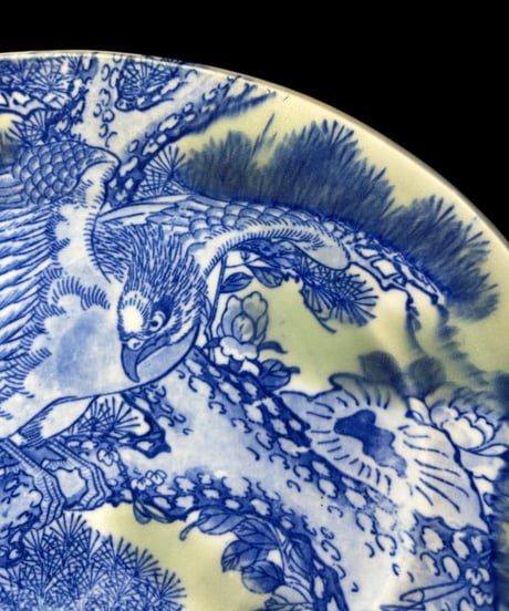 明治 古伊万里 鳥松草花図 青磁 鷲 楕円皿 伊万里 蔵出し 時代物 陶器 骨董品 アンティーク