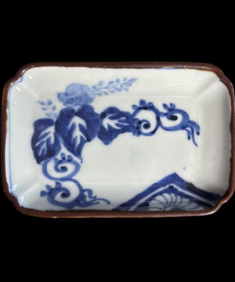 【4客セット】染付 四角皿 [草花文] 角皿 小鉢 陶器 食器 和食器 時代物 骨董品 アンティーク