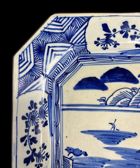 古伊万里 八角絵皿 [山水風景図] 染付 江戸 在銘 大皿 角皿 平皿 取り皿 盛り皿 飾り皿 伊万里 和食器 骨董品 アンティーク