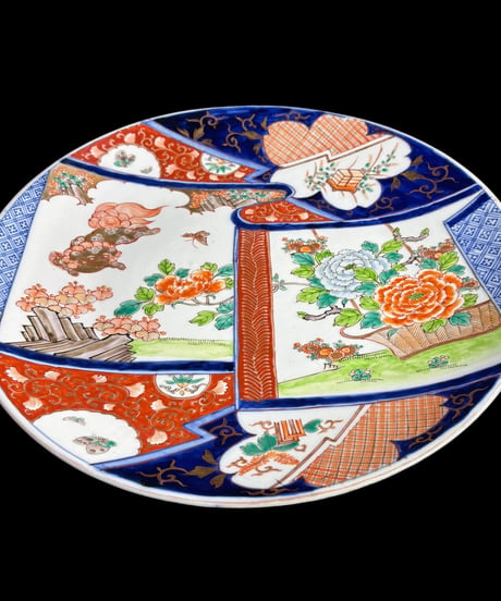 古伊万里 錦色絵 金彩 獅子蝶草花文図 装飾皿 大皿 丸皿 盛り皿 飾皿 古伊万里 古美術 時代物 和食器 骨董品 アンティーク