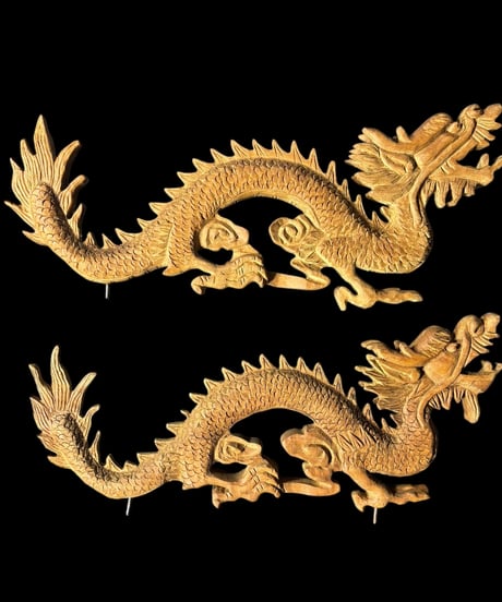 【2体セット】彫刻 龍 木製 欄間 古民家建具等 彫刻パーツ 十二支 置物 飾り 竜 辰 縁起物 木彫り 天然木 工芸品 骨董品 アンティーク