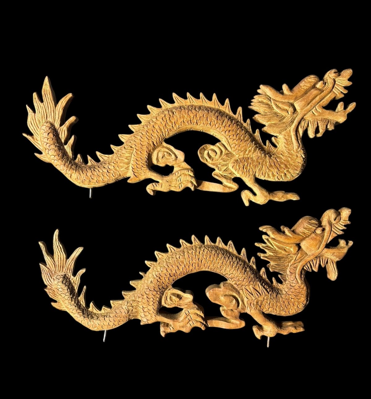 【美品】木彫り・縁起物・騎龍・騎獅・2体セット レトロ ヴィンテージ H 2体セット】彫刻 龍 木製 欄間 古民家建具等 彫刻パーツ 十二支