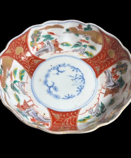 古伊万里 金彩 錦手 色絵 [松竹梅風景文図] なます皿 丸皿 取り皿 飾り皿 和食器 江戸 明治 伊万里 陶器 骨董品 アンティーク