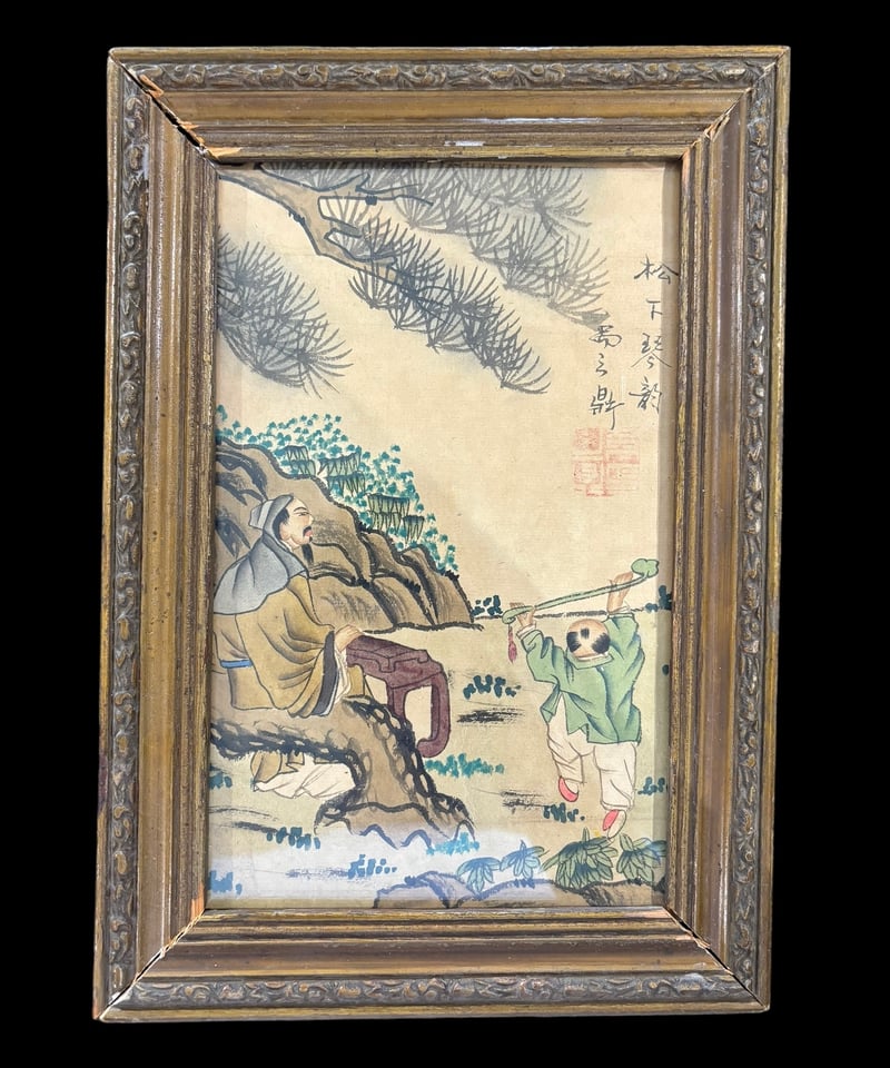 中国美術 絵画【松風景人物絵】額装 壁掛 扁額 五彩 色絵 民国 中国美術 絵画【松風景人物絵】額装 壁掛 扁額 五彩 色絵 民国