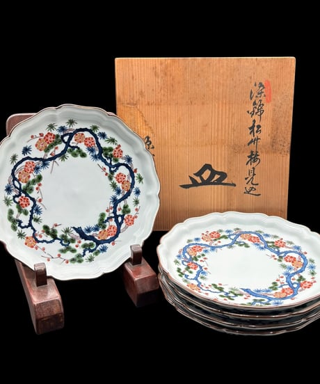 【5客セット】源右衛門 染付 呉須 大皿 松竹梅 輪花皿 色絵 共箱 染錦 取り皿 盛り皿 飾皿 作家物 時代物 和食器 骨董品 アンティーク