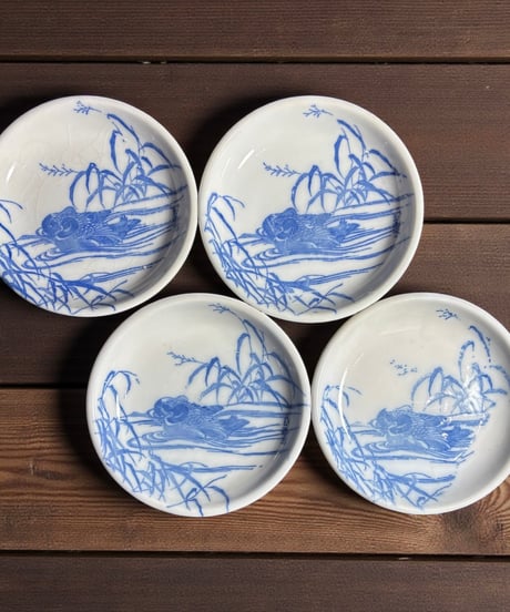 【4客セット】伊万里 鴨 陶玉軒重山製 染付 印判手 小皿 時代物 和食器 骨董品 アンティーク