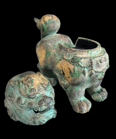 福徳獅子 香炉 鋳鉄製 唐獅子 狛犬 置物 美術品 縁起物 オブジェ 陶磁器 陶器 骨董品 アンティーク