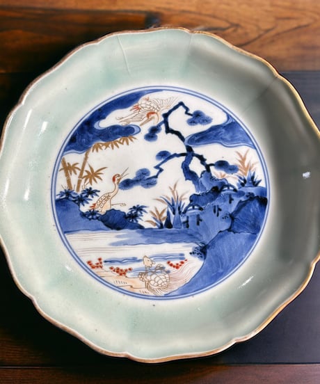 古伊万里 色絵 染付 丸皿 [鶴亀松竹絵] 中皿 取り皿 盛り皿 飾り皿 和食器 骨董品