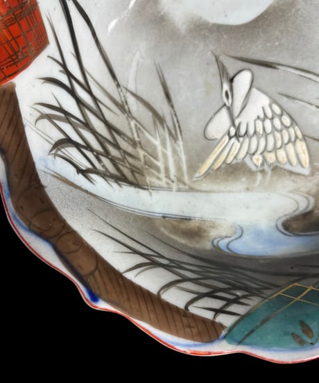 江戸時代 古伊万里 大鉢 月 鶴 盛り鉢 色絵 鉢 取り皿 飾り皿 陶器 伊万里 時代物 骨董品 アンティーク