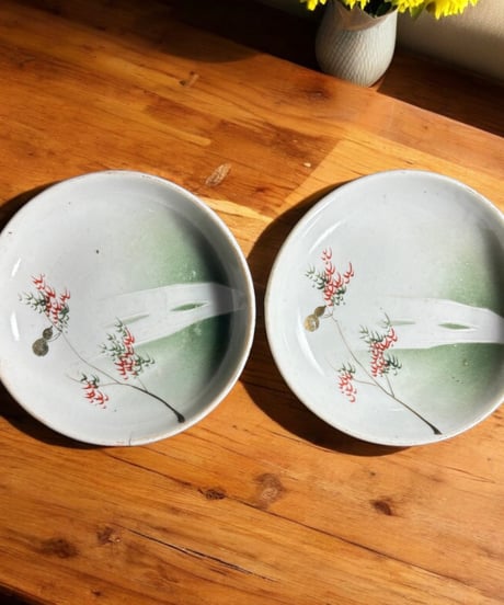 【2客セット】色絵 瓢箪 笹 小皿 ひょうたん 取り皿 盛り皿 飾り皿 和食器 骨董品 アンティーク