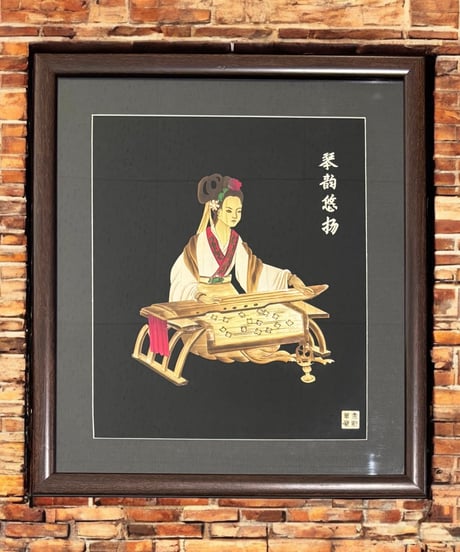 中国現地買入 人物絵 切り絵 貼り絵 中国 女人絵 琴 音 額 版画 アート イラスト 美術品 中国雑貨 コレクション 骨董品 アンティーク
