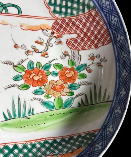 古伊万里 大鉢 [梅草花文図] 手描き 色絵 巻物 鉢 取り皿 飾り皿 和食器 明治 伊万里 陶器 骨董品 アンティーク