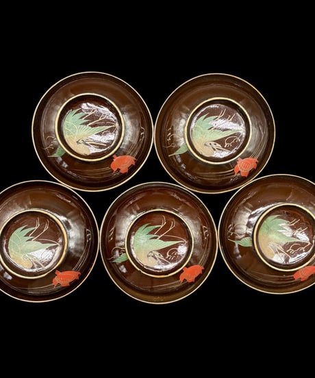【5客セット】 江戸期 吸物椀 蒔絵 鶴亀 御汁椀 漆器 塗物 天然木 煮物 縁起物 和食器 骨董品 アンティーク