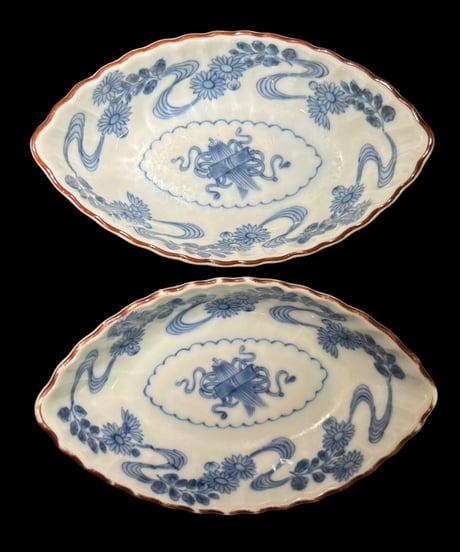 【2客セット】染付 小皿 [菊 流水紋] 楕円 小鉢 和食器 洋食器 陶器 骨董品 アンティーク