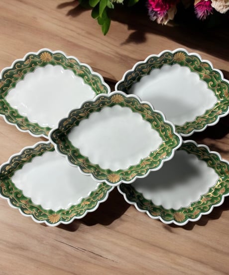 【5客セット】花形皿 [草花文絵] 小鉢 鉢 平皿 器 取り皿 飾り皿 和食器 食器 飲食店 人気 骨董品 アンティーク