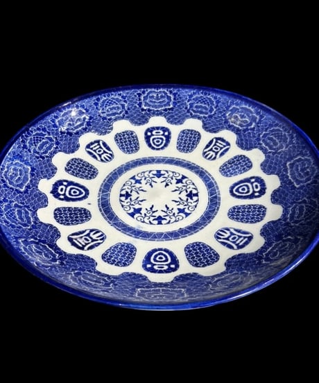 時代物 古伊万里 草花丸紋図 大皿 印判 染付 丸皿 盛り皿 飾皿 伊万里 古美術 和食器 骨董品 アンティーク