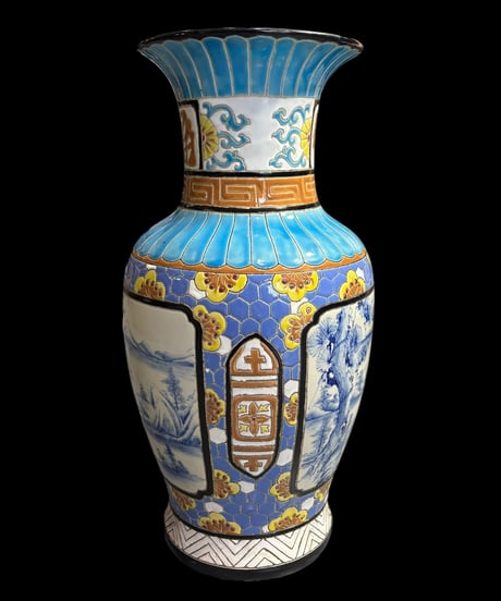 福 壺 染付 山水風景図 粉彩 色絵 中国風 吉祥文 大花瓶 フラワーベース 花瓶 花入れ 丸壺 花器 陶器 古美術 骨董品