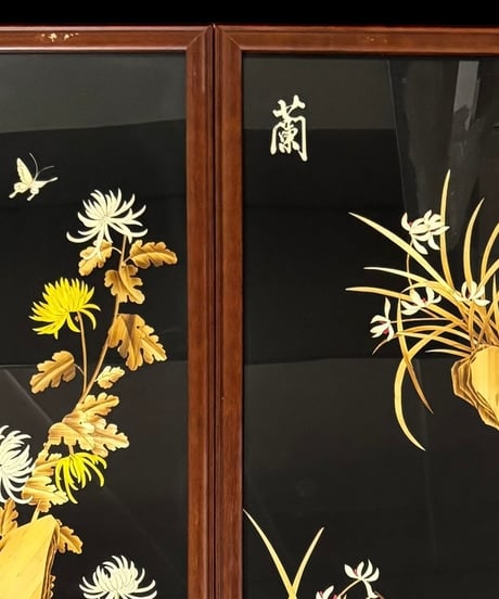 中国美術 絵画 4枚セット【菊蘭竹梅】額装 壁掛 扁額 五彩 色絵 蒔絵 貼り絵 切り絵 民国 古美術 インテリア アンティーク コレクション