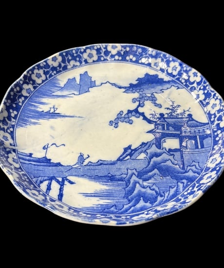 染付 平皿 [風景山水松人物絵] 丸皿 印判 大皿 取り皿 盛り皿 飾り皿 和食器 骨董品 アンティーク