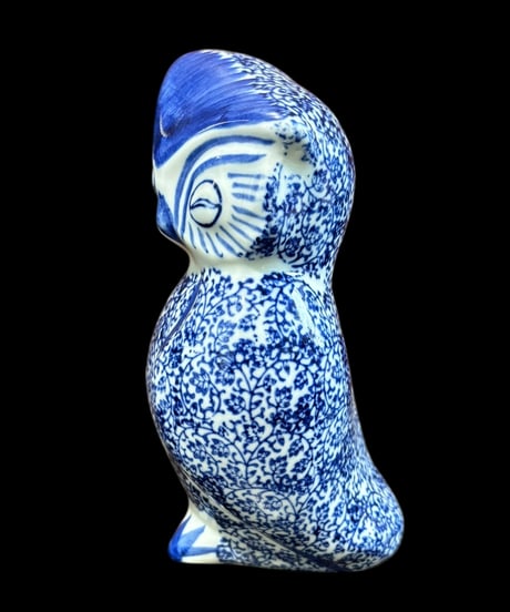 ふくろう 置物 梟 染付 フクロウ 縁起物 福 飾り 陶器 工芸品 インテリア 骨董品 アンティーク