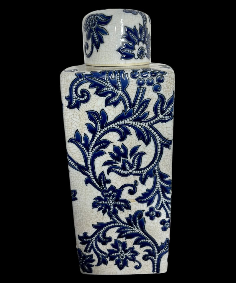 フローラル 花瓶 スクエア ジンジャー フタ付き クラックルスタイル