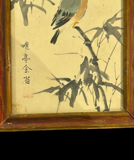 中国美術 絵画【松鳥 花鳥図】額装 壁掛 額 扁額 五彩 色絵 民国 中国 古美術 アンティーク コレクション