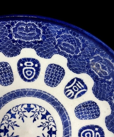 時代物 古伊万里 草花丸紋図 大皿 印判 染付 丸皿 盛り皿 飾皿 伊万里 古美術 和食器 骨董品 アンティーク