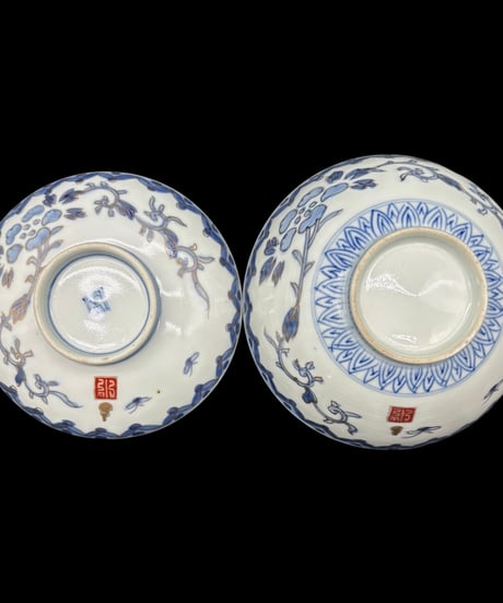 【2客セット】 江戸期 古伊万里 染付 麒麟草花文図 蓋付き椀 汁椀 茶碗 蓋物 取り皿 時代物 和食器 骨董品 アンティーク