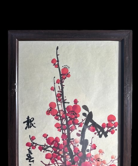 中国美術 水墨画【紅梅】額装 壁掛 額 絵画 梅 色絵 民国 古美術 装飾品 アンティーク コレクション