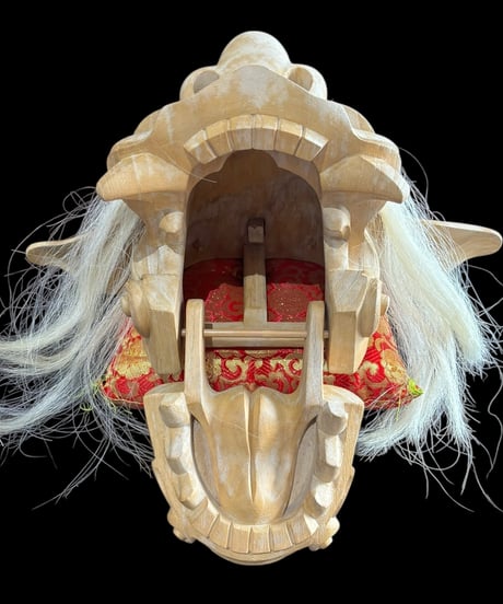 井波彫刻 獅子頭 伝統工芸士 初代 荒井寿斎作 共箱 共布 栞 座布団 木彫 桐材 獅子舞 荒井寿斉 置物 アンティーク インテリア 骨董品