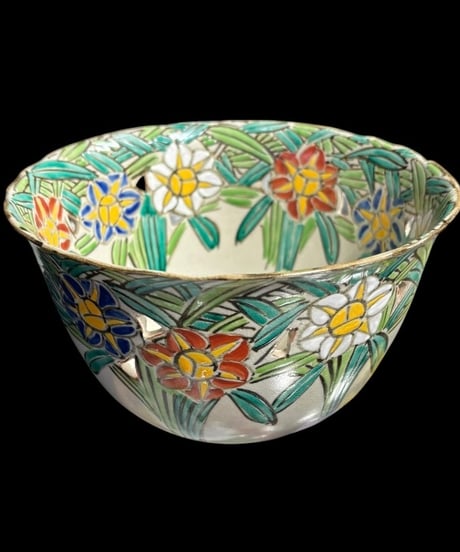 京焼 花黄 色絵鉢 手描き 花柄 鉢 盛り鉢 色絵 取り皿 飾り皿 和食器 陶器 時代物 骨董品 アンティーク