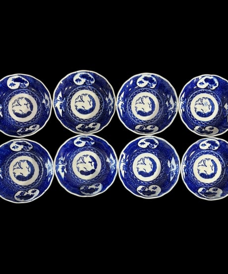 【8客セット】 古伊万里 染付 松竹梅草花文図 なます皿 丸皿 取り皿 飾り皿 和食器 時代物 陶器 骨董品 アンティーク