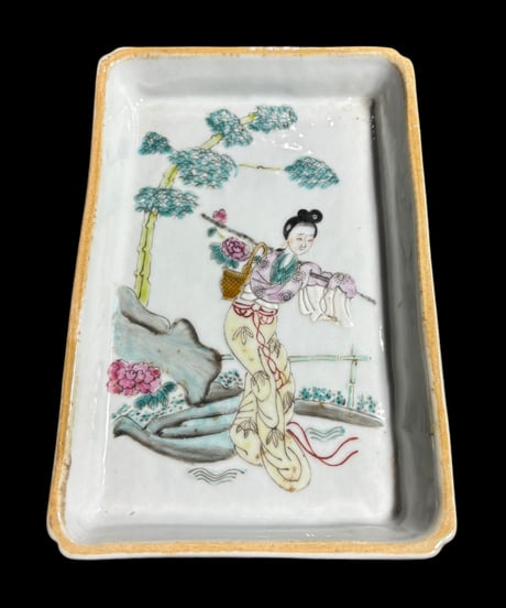 中国美術 美人 粉彩人物絵 清時代 中国雑貨 陶板 磁板 食器 インテリア 時代物 中国 陶器 骨董品 アンティーク