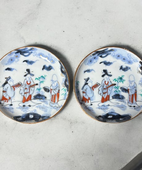 【2客セット】染付 印判 小皿 [松竹梅仙人人物絵] 金彩 平皿 丸皿 取り皿 盛り皿 飾り皿 和食器 明治 大正 骨董品 アンティーク