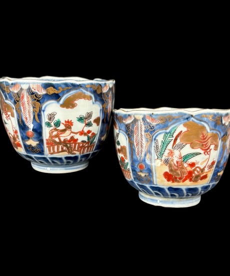【2客セット】 時代物 古伊万里 湯呑み 金彩 色絵 鳥人物草花文図 冨貴長春 赤絵 蕎麦猪口 和食器 陶器 骨董品 アンティーク