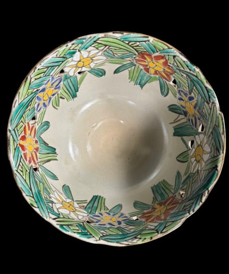 京焼 花黄 色絵鉢 手描き 花柄 鉢 盛り鉢 色絵 取り皿 飾り皿 和食器 陶器 時代物 骨董品 アンティーク