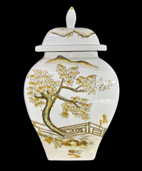 中国現地買付 蓋付き 壺 [城船草花風景絵] ジンジャージャー 中国雑貨 壺 花瓶 花入れ 花器 陶器 中国 古美術 骨董品 アンティーク