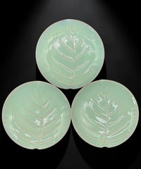 【3客セット】 美濃焼 緑釉 葉形皿 平皿 小皿 葉 リーフ皿 盛り皿 飾皿 和食器 時代物 骨董品 アンティーク
