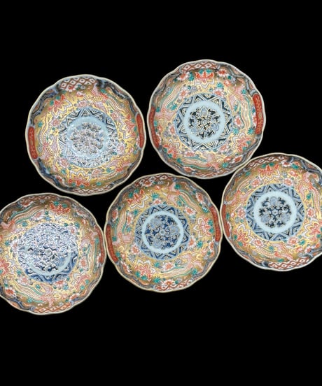 【5客セット】 古伊万里 錦手 金彩 色絵 鳳凰桐葉文図 明治 小皿 丸皿 取り皿 盛り皿 飾り皿 和食器 陶器 骨董品 アンティーク