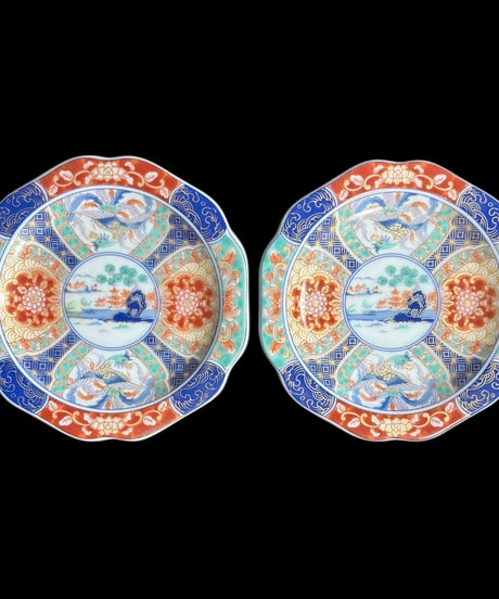 【2客セット】有田焼 昇龍窯 絵皿 金彩 染付 在銘 花柄 小皿 丸皿 平皿 盛り皿 飾り皿 伊万里 古美術 和食器 骨董品 アンティーク