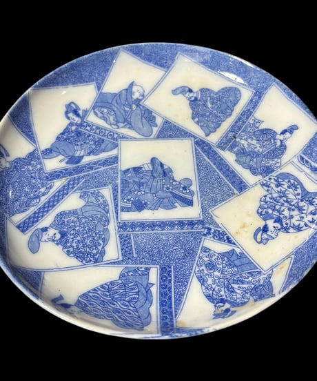 十歌仙図 印判 染付 丸皿 平皿 取り皿 盛り皿 飾り皿 百人一首 明治 和食器 骨董品 アンティーク