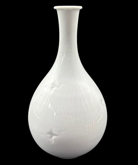 徳明 陶芸 白磁 花瓶 鶴 フラワーベース 在銘 丸壺 花入れ 花器 陶器 古美術 時代物 骨董品 アンティーク
