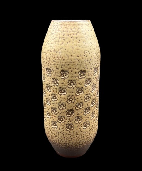 益子焼 地釉 花瓶 裏印 花柄 壺 フラワーベース 花入れ 丸壺 花器 陶器 古美術 骨董品 アンティーク