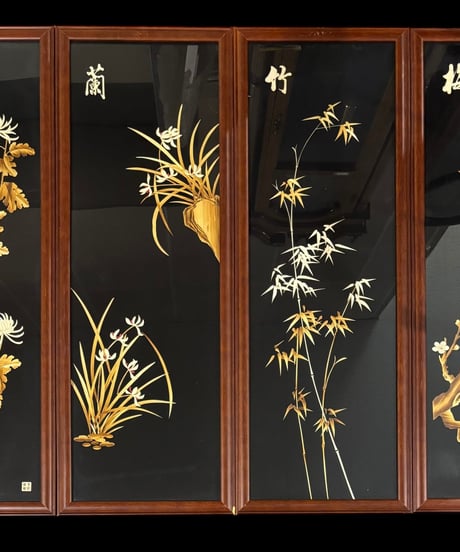 中国美術 絵画 4枚セット【菊蘭竹梅】額装 壁掛 扁額 五彩 色絵 蒔絵 貼り絵 切り絵 民国 古美術 インテリア アンティーク コレクション