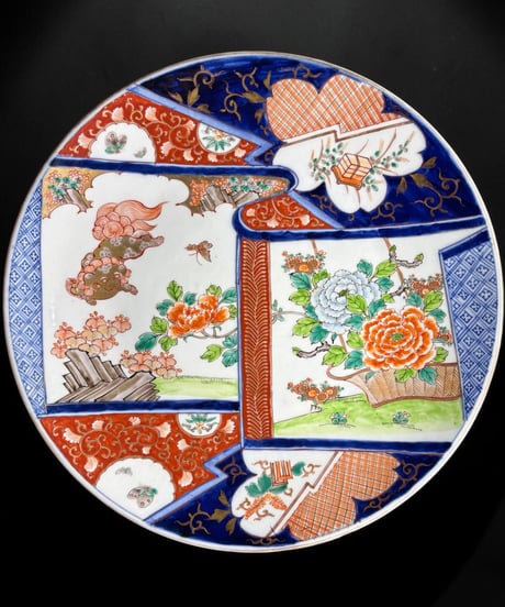 古伊万里 錦色絵 金彩 獅子蝶草花文図 装飾皿 大皿 丸皿 盛り皿 飾皿 古伊万里 古美術 時代物 和食器 骨董品 アンティーク