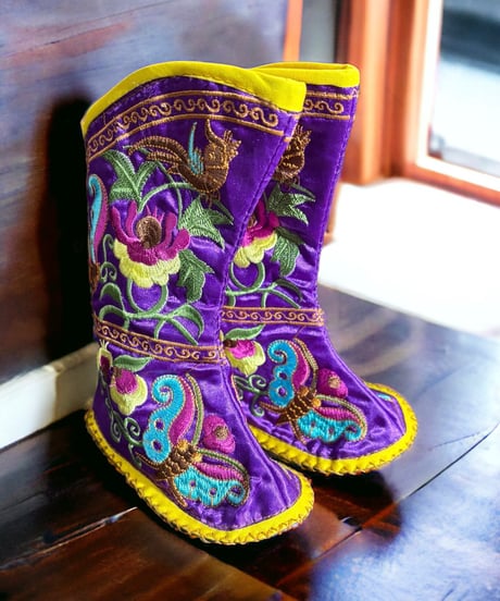 纏足の靴 [パープル] 中国雑貨 布靴 子供靴 刺繍靴 靴 中国 布 刺繡 手作り キッズ インテリア アンティーク