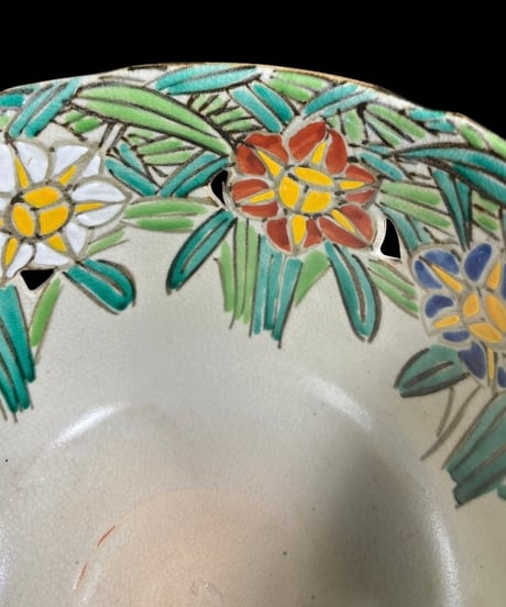 京焼 花黄 色絵鉢 手描き 花柄 鉢 盛り鉢 色絵 取り皿 飾り皿 和食器 陶器 時代物 骨董品 アンティーク