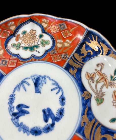 明治時代 古伊万里 輪花 赤絵 菊草花文図 松竹梅 大皿 冨貴長春 取り皿 飾り皿 和食器 陶器 骨董品 アンティーク